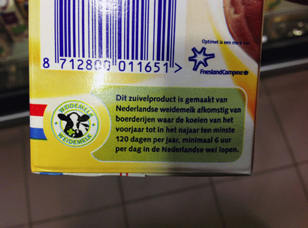 A logo on packs of milk in the Netherlands clearly tells shoppers the cows have been kept outside
