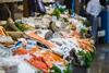 Fish displayed on ice in Borough Market in London, England