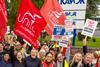 Workers on strike holding signs outside Bakkavor Spalding strike action