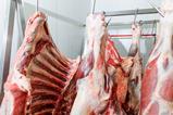 red meat hanging in abattoir