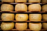 wheels of parmesan cheese on a shelf
