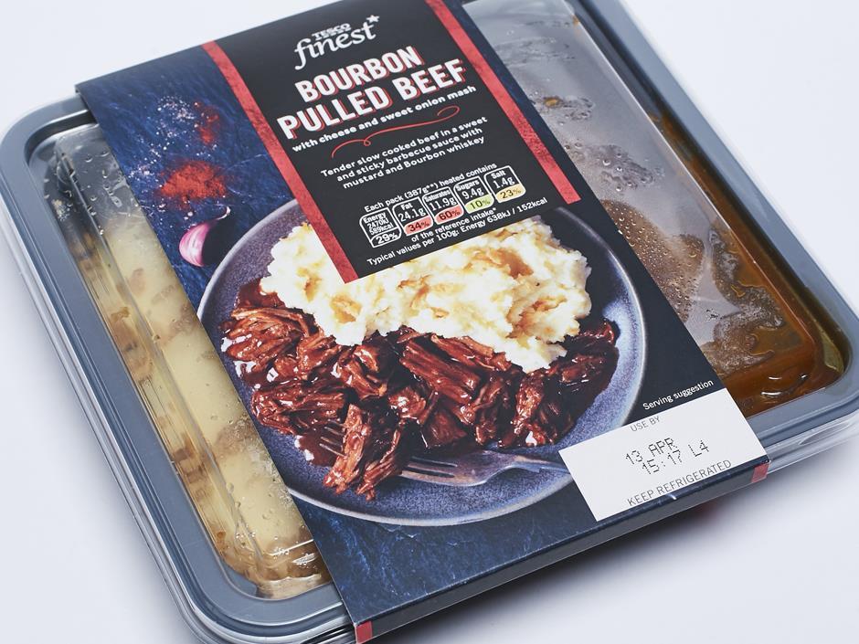 Tesco Finest Bourbon Pulled Beef With Cheese Sweet Onion Mash