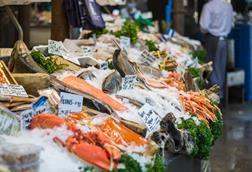 Fish displayed on ice in Borough Market in London, England