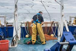 Fisherman inspecting trawl net on research ship - stock photo