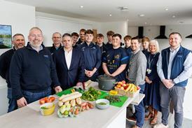 Castell Howell Foods MD Matt Lewis (pictured, fourth from left) and Steff Evans (pictured, far right) with Bridgend College COO Matt Rees (pictured, fourth from right) and students from the college’s Rugby Academy at the launch of the Growing Healthy Futu