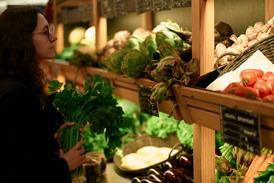 Woman selecting fresh vegetables at a market stall filled with diverse produce - stock photo - Getty Images