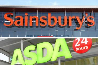 Asda and Sainsbury's merger composite shot with horizontal split