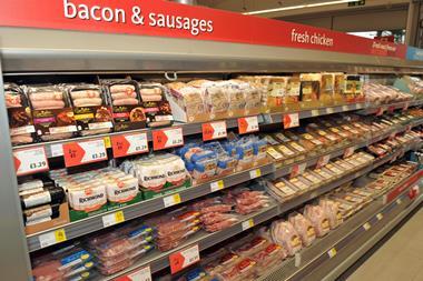 Bacon and sausages feature, chilled uncooked meat aisle