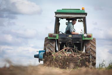 Farmer on tractor harvesting organic potatoes