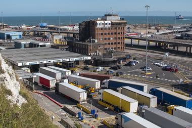 Elevated view of lorries arriving at the Port of Dover Frontier Control Brexit Getty delay border