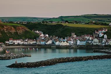 Aerial Shot of Staithes, North Yorkshire at Sunset