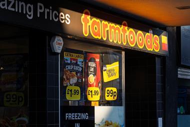 Farmfoods Grocery Store Sign above Store, Ayr, UK - stock photo - Getty