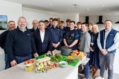 Castell Howell Foods MD Matt Lewis (pictured, fourth from left) and Steff Evans (pictured, far right) with Bridgend College COO Matt Rees (pictured, fourth from right) and students from the college’s Rugby Academy at the launch of the Growing Healthy Futu