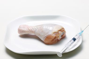 antibiotics in poultry, raw chicken drumstick and syringe
