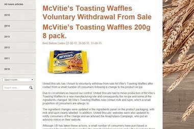 McVities waffles recall