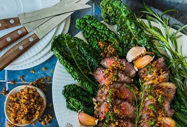 Welsh - Crusted lamb with baby greens  and saffron potatoes 2