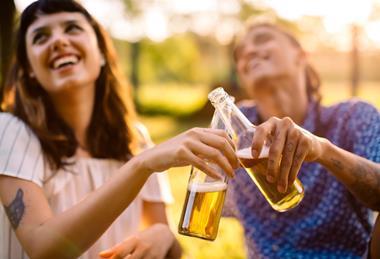 Drinking beer bottles cheers