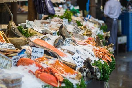 Fish displayed on ice in Borough Market in London, England