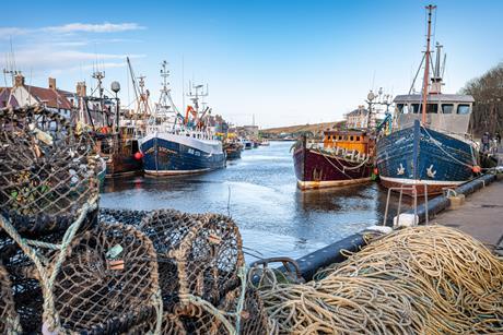 Fishing boats and trawlers docked beside lobster pots in Eyemouth Harbour, Scotland - stock photo