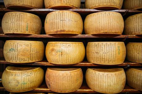 wheels of parmesan cheese on a shelf