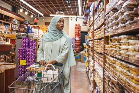 muslim hijabi halal shopper supermarket aisle