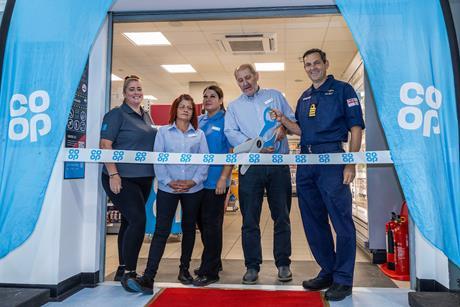 L to r, Katie Lavin, Suray Alavicheh, Beccy Warwick Manager Rob Batley and Captain Tim Davey - COOP opening @ HMS Collingwood, Hampshire