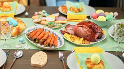 Easter Lunch with Roast Pork, Vegetables, Easter Cookies and Easter Cake