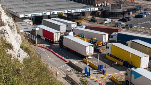Elevated view of lorries arriving at the Port of Dover Frontier Control Brexit Getty delay border