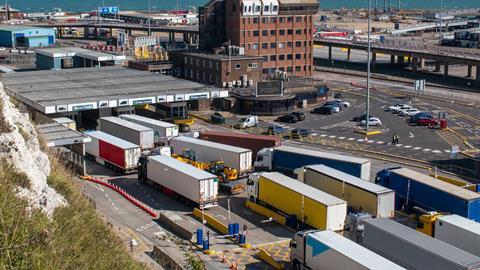 Elevated view of lorries arriving at the Port of Dover Frontier Control Brexit Getty delay border