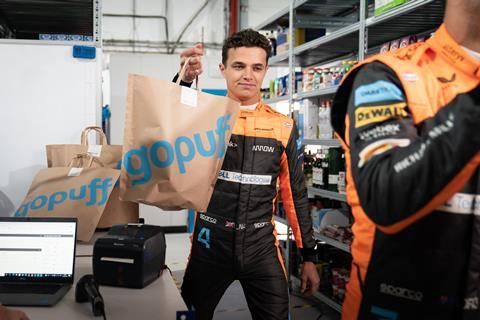 Lando Norris and Daniel Ricciardo make a quick pit stop at the Gopuff fulfilment centre to mark the launch of the new Global Partnership between instant delivery app and McLaren Formula 1 Team.