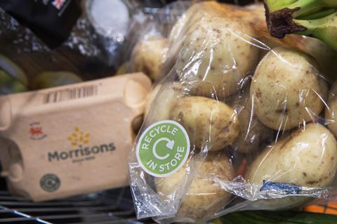 Morrisons recycle in store label on plastic bag potatoes