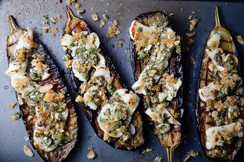 Baked aubergine halloumi and herby maple crumb