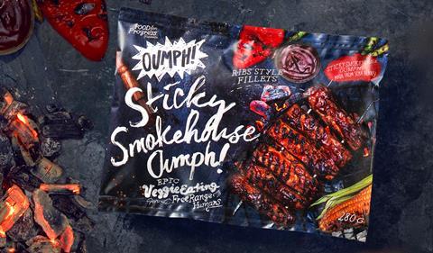 Oumph Sticky Smokehouse packshot with ingredients