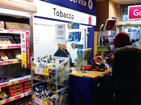 Cigarette and tobacco display in newsagent