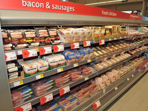 Bacon and sausages feature, chilled uncooked meat aisle