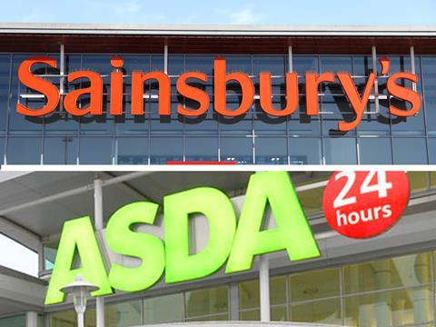 Asda and Sainsbury's merger composite shot with horizontal split