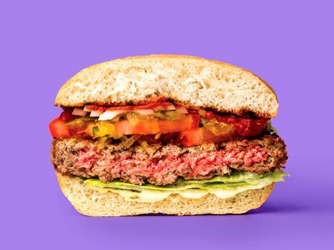 Impossible Foods' Impossible Burger shown in half