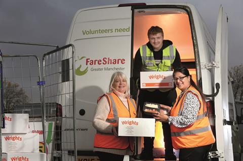 Wrights Food Group Technical Director Reshima Bungar (right) pictured with volunteer Lewis Gettings and FareShare Greater Manche
