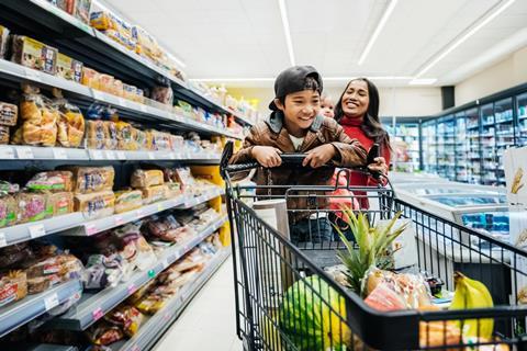gen alpha child family supermarket shopper aisle bread