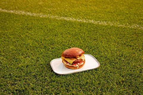 Meatless Farm burger on pitch