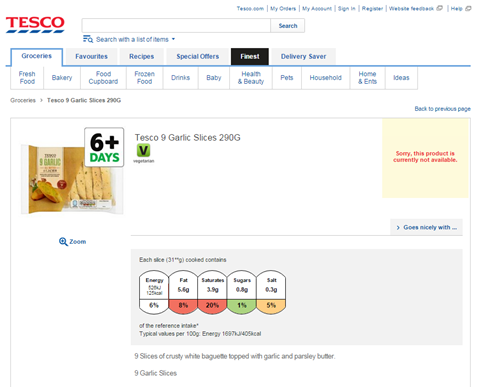 Tesco garlic bread screenshot