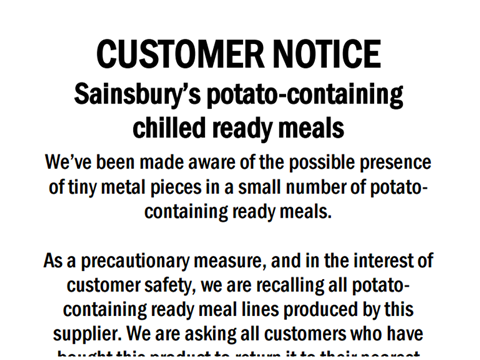 Sainsburys metal recall