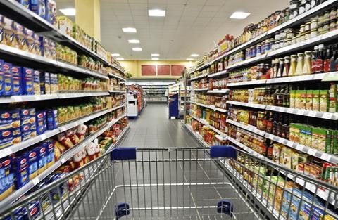 trolley in supermarket aisle