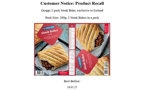 Greggs steak bakes recall