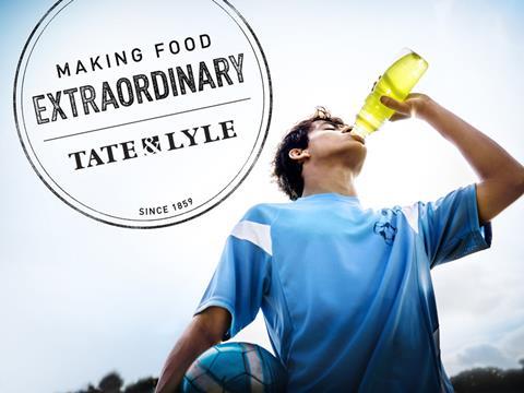 Tate & Lyle lifestyle shot of a young man drinking a sports drink, with logo