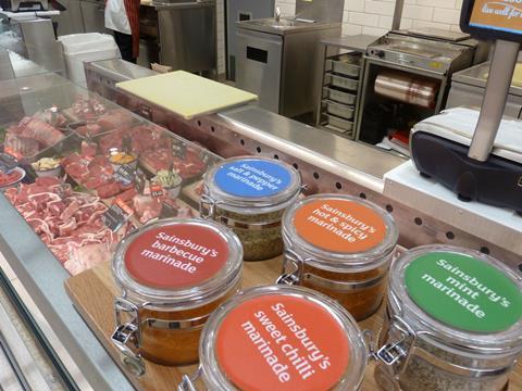 Marinades on offer at the meat counter of Sainsbury's Alperton