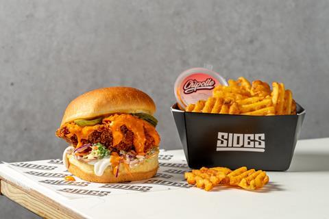 mango peri peri chicken burger with waffle fries