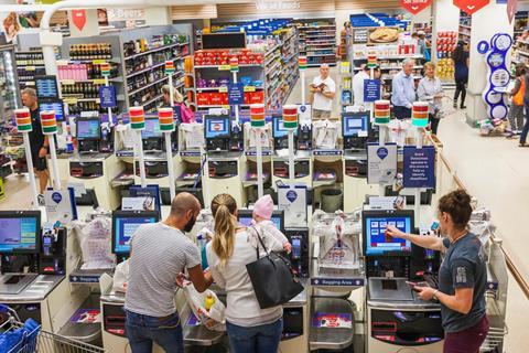 Supermarket self checkouts from above