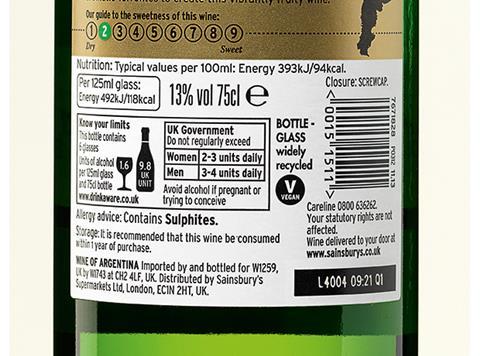 Sainsbury's wine calorie-count label