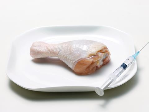 antibiotics in poultry, raw chicken drumstick and syringe 